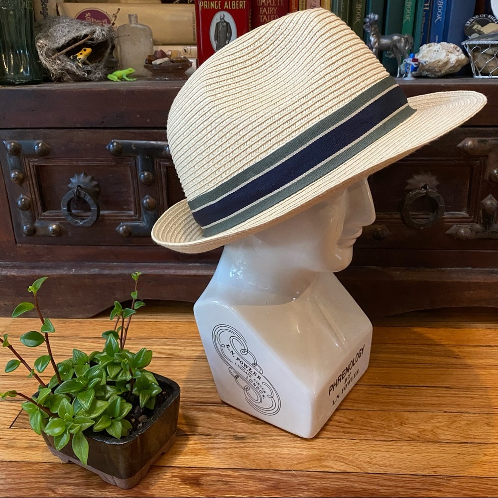 Woven Fedora Hat with Striped Accent Band, 90s Vintage Beach Travel Boho